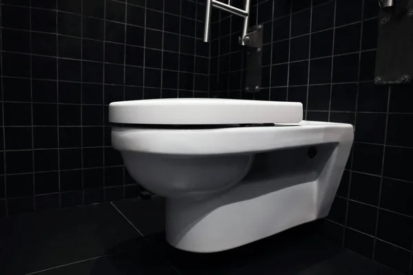 Clean Ceramic Toilet Bowl Tiled Wall Indoors — ストック写真