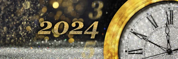 Counting last moments to New 2024 Year. Greeting card with clock showing ten minutes until midnight on festive background, banner design