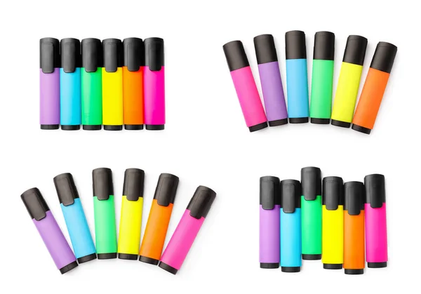 Many colorful markers on white background, top view