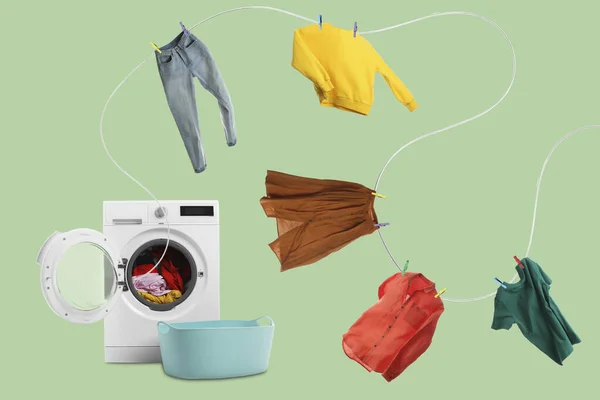 Drying Laundry Rope Different Clothes Flying Out Washing Machine Light — Photo