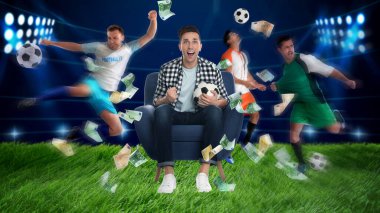 Sports betting. Man rooting for football team, money flying around him. Stadium with players on background