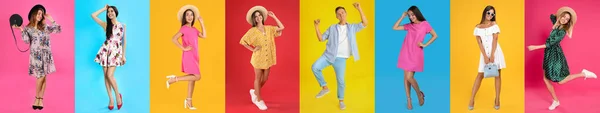 Collage Photos People Wearing Trendy Clothes Different Color Backgrounds — Stockfoto