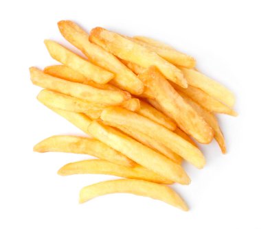 Delicious fresh french fries on white background, top view