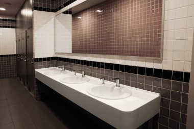 Public toilet interior with sinks and mirror