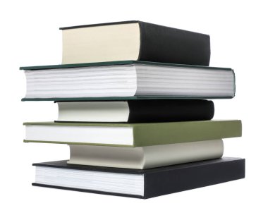 Stack of different hardcover books on white background