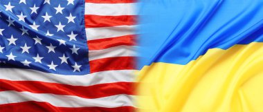 National flags of Ukraine and USA symbolizing partnership between countries. Banner design