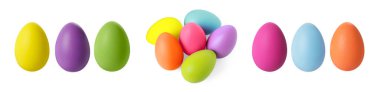 Collage of different colorful Easter eggs on white background