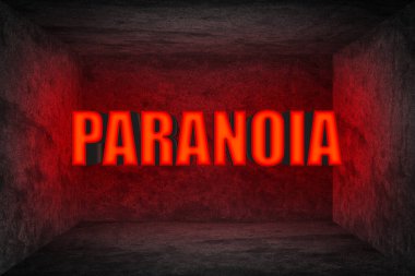 Mental disorder. Glowing word Paranoia in stone room