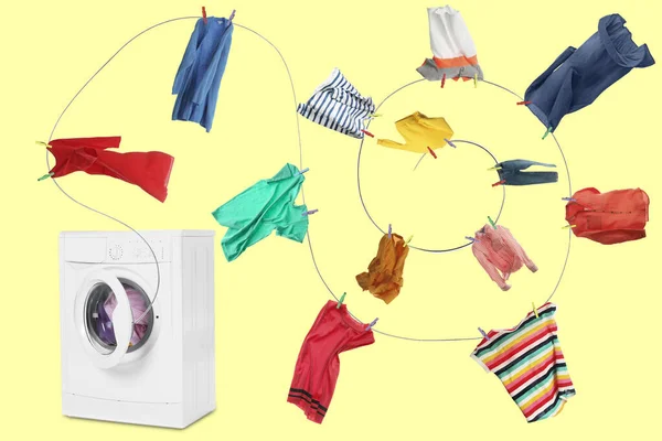 Drying Laundry Rope Different Clothes Flying Out Washing Machine Light — Photo