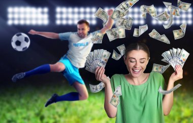Sports betting. Happy woman with cash fans under money shower. Man playing football at stadium on background