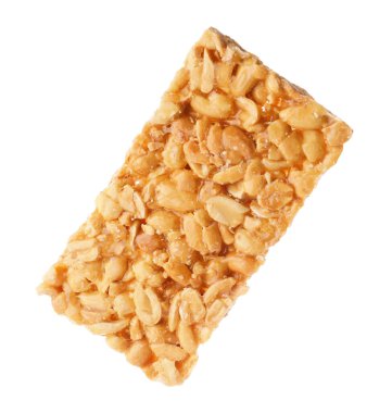 Lezzetli fıstık çubuğu (kozinaki) beyaz, üst görünümde izole