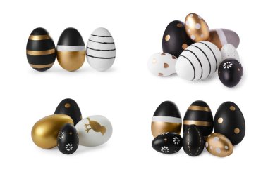 Set of beautifully decorated Easter eggs on white background