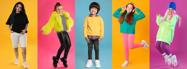 Collage Photos People Wearing Trendy Clothes Different Color Backgrounds — Stock Fotó