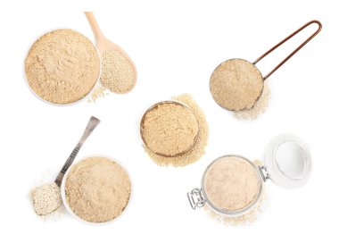 Collage with sesame flour and seeds on white background, top view