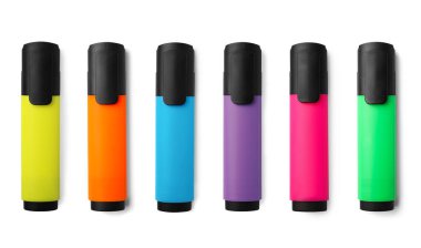 Many colorful markers on white background, top view