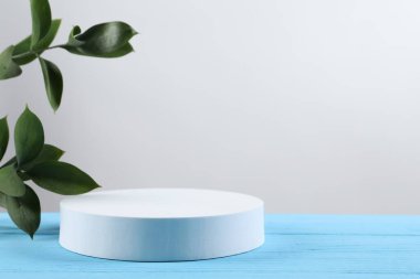 Green leaves and round shaped podium on light blue wooden table against white background. Space for text