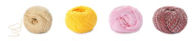 Collage with colorful yarns on white background