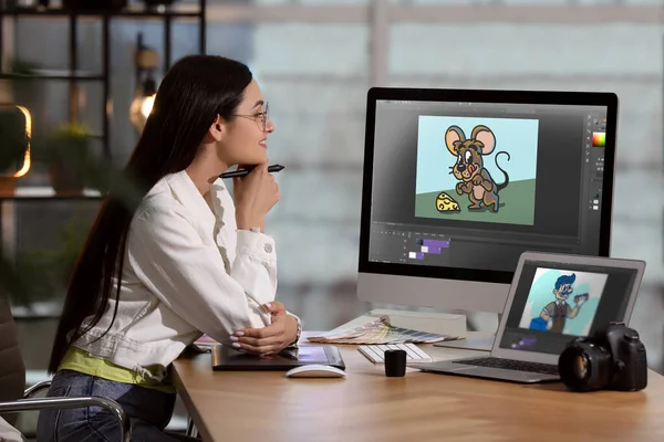 Animator Working Computer Laptop Illustrations Screens —  Fotos de Stock