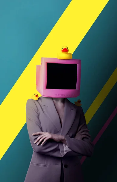 Brainwashing, mind control. Woman with pink TV instead of head and yellow rubber ducks on color background