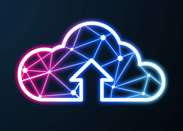 Web hosting service. Glowing neon cloud with arrow illustration on dark background