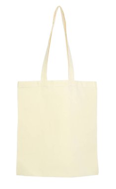 Blank beige textile bag on white background, top view. Mockup for design