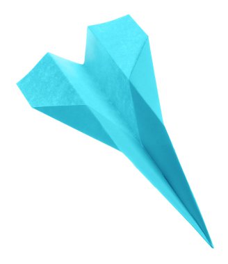 El yapımı açık mavi kağıt uçak beyazda izole edilmiş.