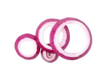 Fresh rings of red onion isolated on white, top view