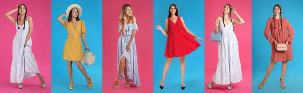 Collage Photos Women Wearing Stylish Dresses Different Color Backgrounds — Stockfoto