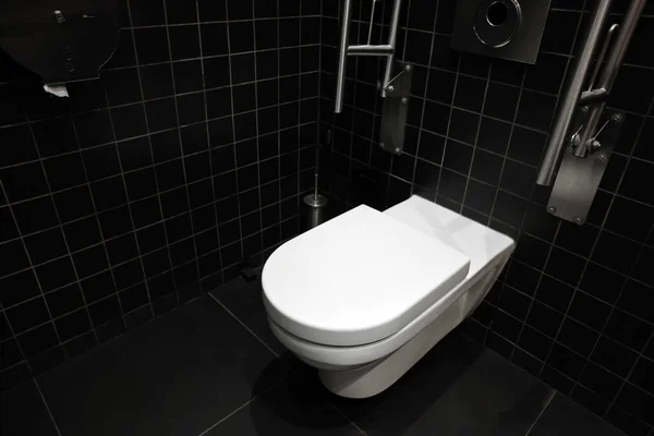Clean Ceramic Toilet Bowl Handrails Tiled Wall Indoors — Foto de Stock