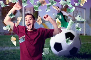 Sports betting. Emotional winner under money shower. Stadium with ball on background
