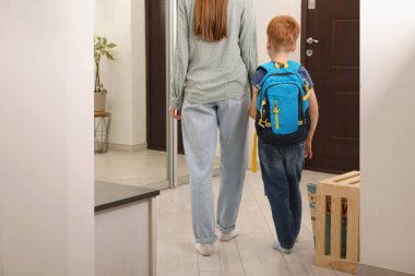 Young mom taking her son to school, back view