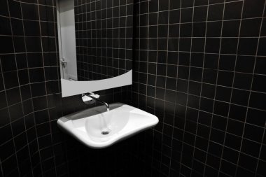 Public toilet interior with sink and mirror