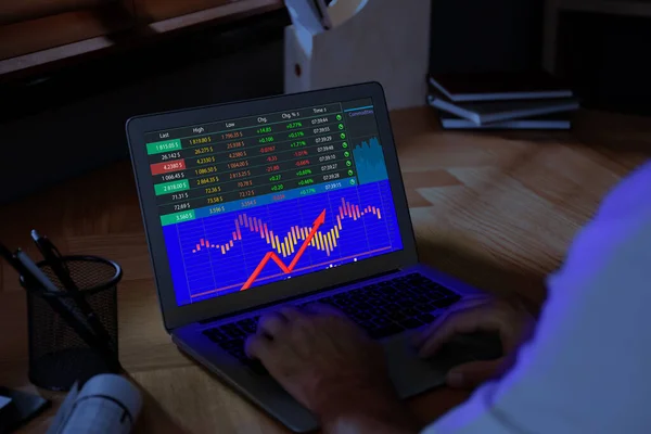 人们通过笔记本电脑 特写分析股票交易所的状况 屏幕上的数据和图表 — 图库照片