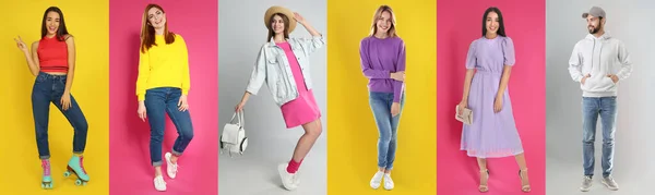 Collage Photos People Wearing Trendy Clothes Different Color Backgrounds — Fotografia de Stock