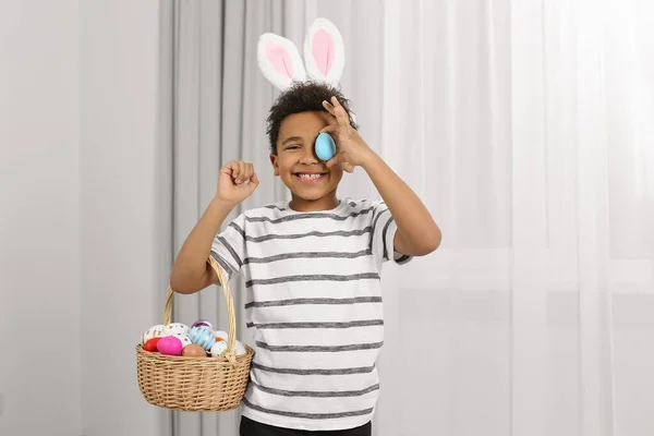 Cute African American Boy Bunny Ears Headband Covering Eye Easter — Fotografia de Stock