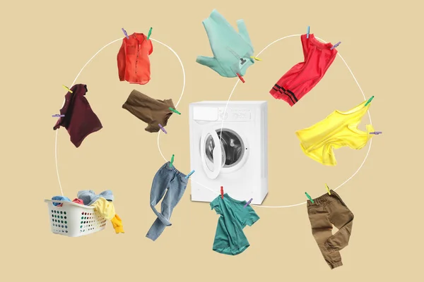Wäschetrocknen Seil Mit Verschiedenen Kleidungsstücken Fliegt Aus Waschmaschine Auf Beigem — Stockfoto