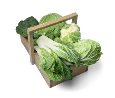 Wooden crate with different types of fresh cabbage on white background