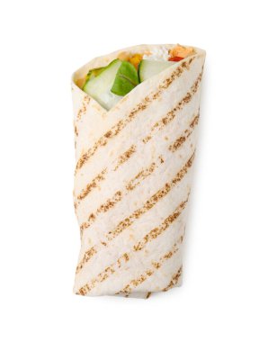 Delicious hummus wrap with vegetables isolated on white, top view