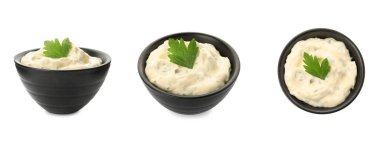 Bowl with tartar sauce on white background, different sides. Collage design