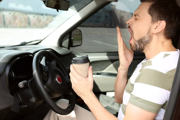 Sleepy Man Cup Coffee Yawning Modern Car — стоковое фото