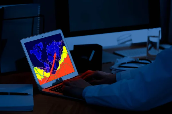 stock image Man analyzing situation on international market via laptop, closeup. World map and charts on screen