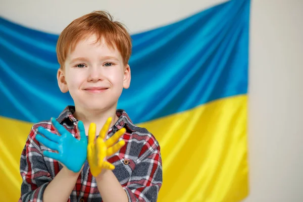 Little Boy Painted Hands Ukrainian Flag Space Text Love Ukraine — Zdjęcie stockowe