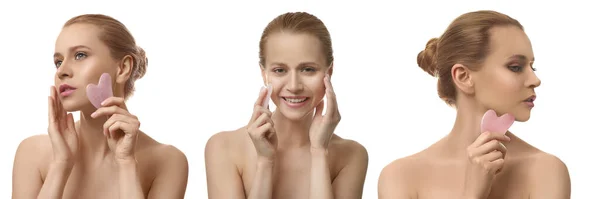Collage Portraits Beautiful Woman Doing Facial Massage Gua Sha Tool — Stok Foto