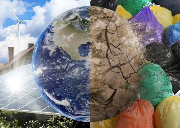 Environmental Pollution Collage Divided Clean Contaminated Earth Globe Wind Turbine — Stockfoto
