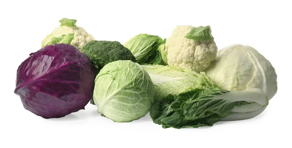 Many Different Fresh Ripe Cabbages White Background — Photo