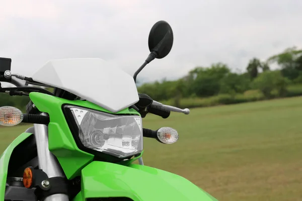 Stylish Green Cross Motorcycle Outdoors Closeup View — Fotografia de Stock