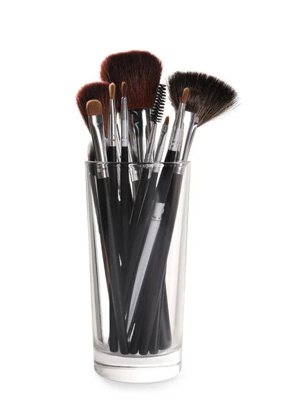 Glass Holder Professional Makeup Brushes White Background — 图库照片