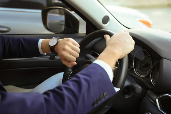 Man Checking Time Car Closeup Being Late — Stok fotoğraf