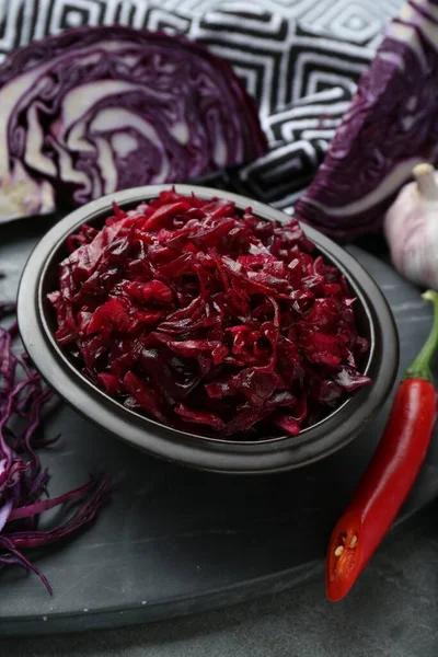 Tasty Red Cabbage Sauerkraut Ingredients Grey Table — Photo