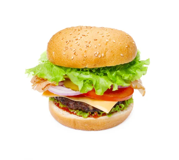 One Delicious Burger Beef Patty Lettuce Isolated White — Stock Photo, Image